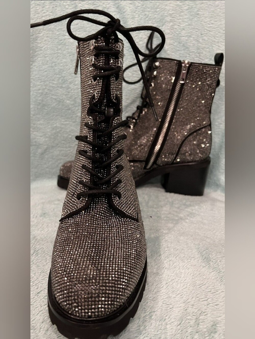 Steve Madden Silver Sparkle Lace-Up Combat Boots